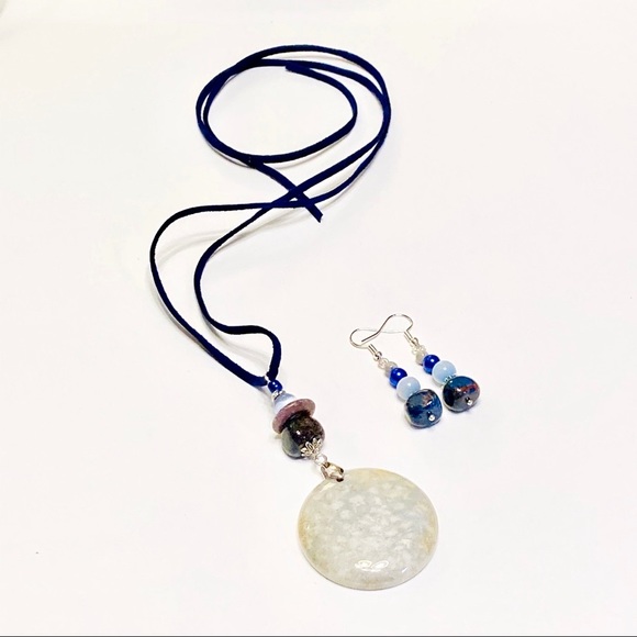 Navy Blue Brown & Gray Fossilized Coral Necklace & Matching Stone Earrings - Picture 2 of 14